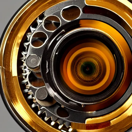 Prompt: a camera lens made of cogs, gears, pistons, and steam. golden and brown hues.