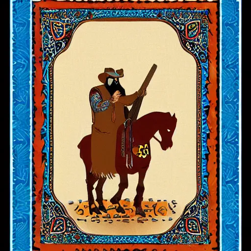 Prompt: bearded cowboy, persian folkore artstyle, calligraphy border