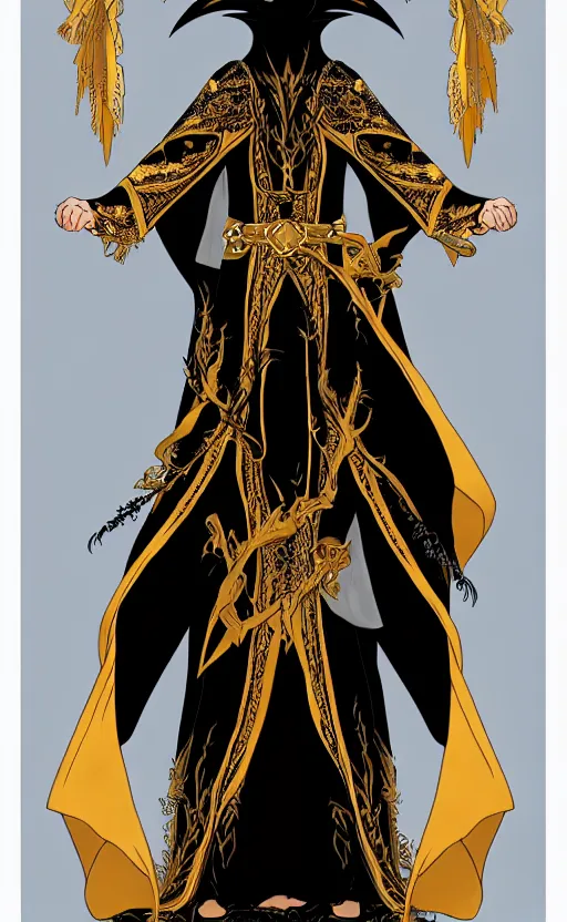 Image similar to raven headed male warlock doing wind magic, white and gold robes, exquisite details, full body character design on a white background, by studio muti