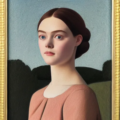 Prompt: A masterpiece head and shoulders portrait of Elle Fanning, by Grant Wood. 8K. Extremely detailed.