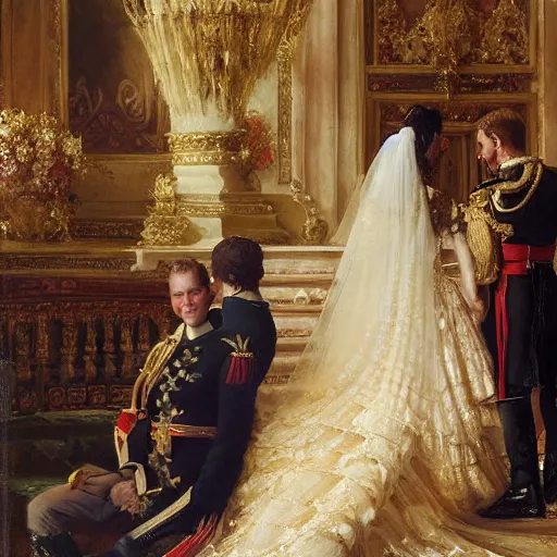 Image similar to the official painting of prince william and bella hadid's royal wedding, showing the skill of artists gaston bussiere, craig mullins, j. c. leyendecker 8 k, watercolor, royal painting, painting, traditional art, royal wedding