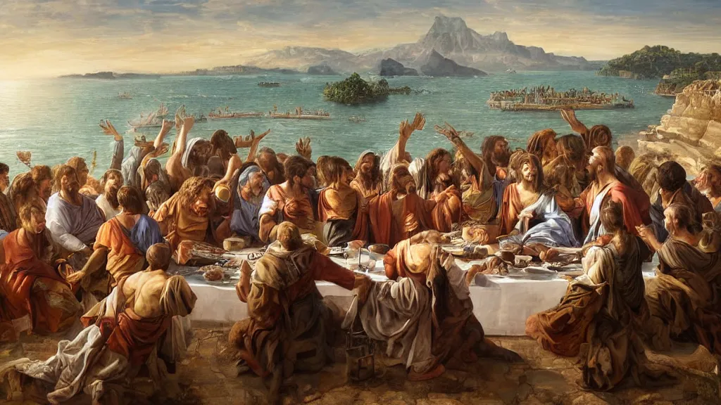 Prompt: a mix between the last supper and the raft of the medusa, at a rustic portuguese quinta, with typical algarve landscape in the back, sunny morning, matte painting, oil canvas, photorealistic illustration, extreme detail, hyper realistic, highly detailed, digital art