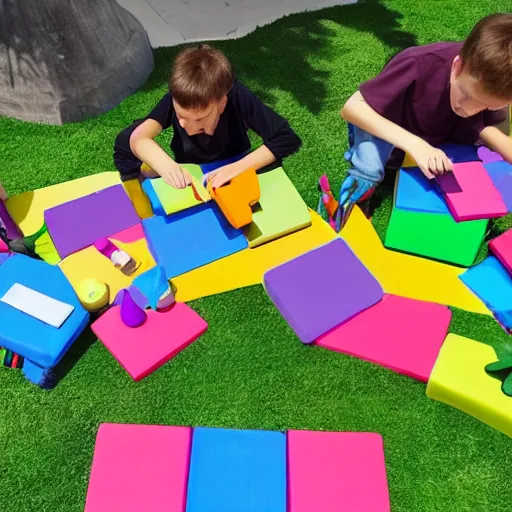 Prompt: photo of kids working on computers outside in the sun, large colorful blocks floating in the air, bright colors