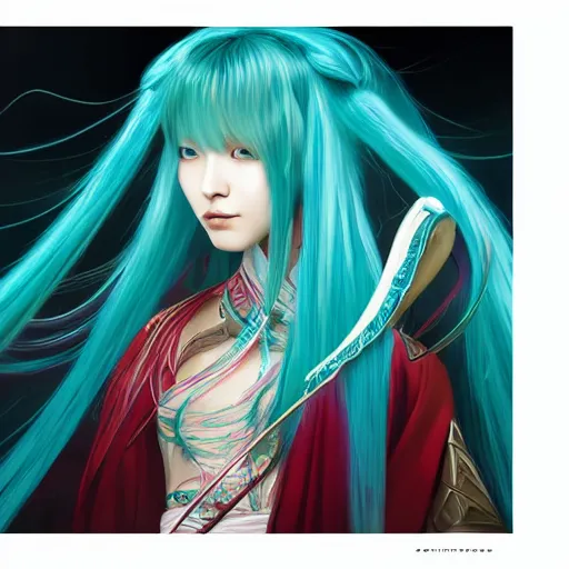 Image similar to a beautiful portrait of hatsune miku with teal colored hair with deep red highlights as an ancient chinese sorceress, space fantasy, in the style of magic the gathering, intricate, elegant, highly detailed, digital painting, artstation, concept art, matte, sharp focus, illustration, art by greg rutkowski and alphonse mucha