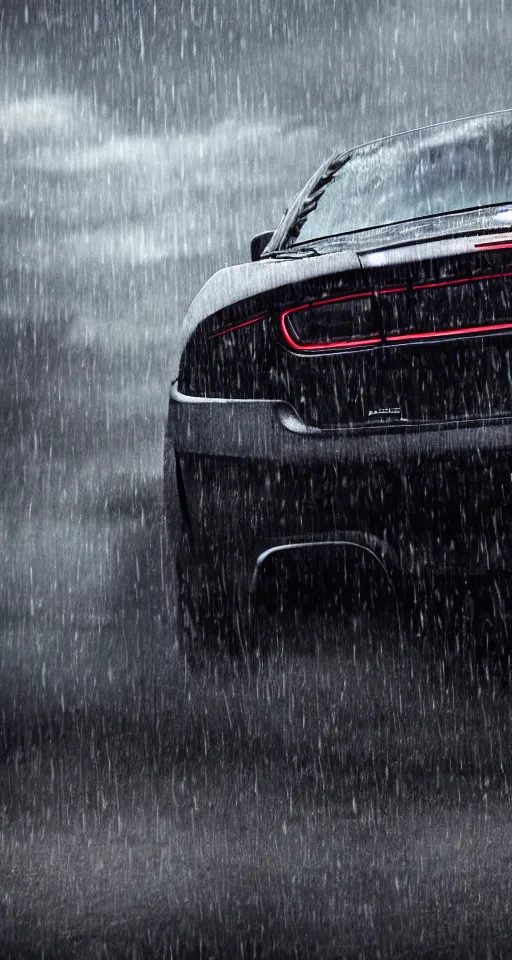 Image similar to photograph of a 2 0 1 1 dodge charger driving down a highway in the rain, dark, gothic, lovecraftian, hyperrealistic, 4 k, highly detailed,