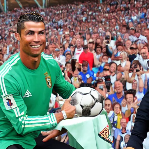 Prompt: cristiano ronaldo bringing his priceless soccer ball to the antiques roadshow,
