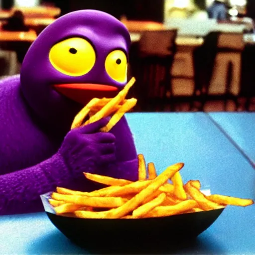 Image similar to real color photograph of grimace violently eating French fries