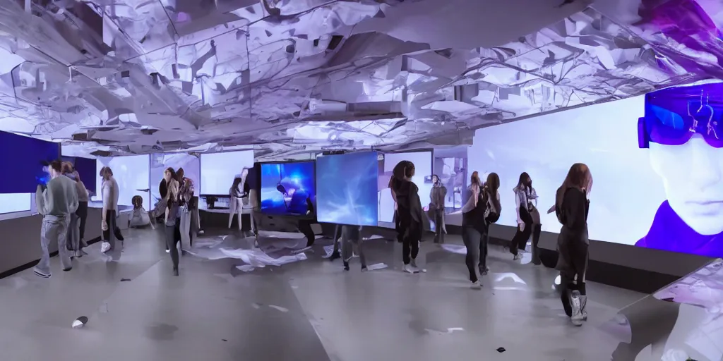 Image similar to stunning futuristic AI lab, projection screens, immersive graphics, holograms, dark room, people using HoloLens