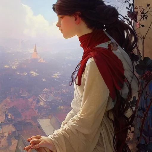 Image similar to a young girl standing on top of an impossibly tall wall, looking down at what is on the other side. she wears a shirt and trousers and a very long red scarf around her neck that trails down a long way. beautiful fantasy painting by artgerm and greg rutkowski and alphonse mucha