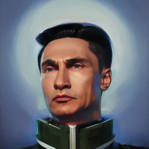 Prompt: Portrait painting Vladmir putin wearing a jacket and a collar, as an Overwatch character, medium shot, asymmetrical, profile picture, Organic Painting, sunny day, Matte Painting, bold shapes, hard edges, street art, trending on artstation, by Huang Guangjian and Gil Elvgren and Sachin Teng