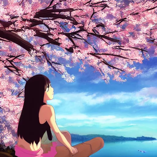 Prompt: Soft blur, digital art, anime, advanced digital art, girl sitting at the edge of a cliff overlooking a lake filled with sakura petals, light reflected on her face in the style of pixivs. —W 1024 —H 1024