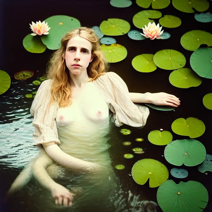 Image similar to Kodak Portra 400, 8K, soft light, volumetric lighting, highly detailed, brit marling style 3/4 ,view from above of close-up portrait photo of a beautiful woman how pre-Raphaelites painter, to float on one's back, part of the face is emerging of a pond with water lilies, she has a beautiful lace dress and hair are intricate with highly detailed realistic beautiful flowers , Realistic, Refined, Highly Detailed, natural outdoor soft pastel lighting colors scheme, outdoor fine art photography, Hyper realistic, photo realistic,warm lighting,