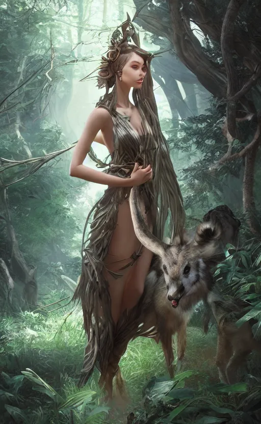 Image similar to Greek Goddess Artemis in forest with animals, medium shot portrait by loish and WLOP, octane render, dynamic lighting, asymmetrical portrait, dark fantasy, trending on ArtStation
