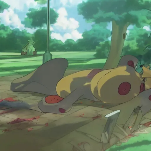 Prompt: a dead decomposing corpse in pokemon, distant view, anime screencaps, 720p