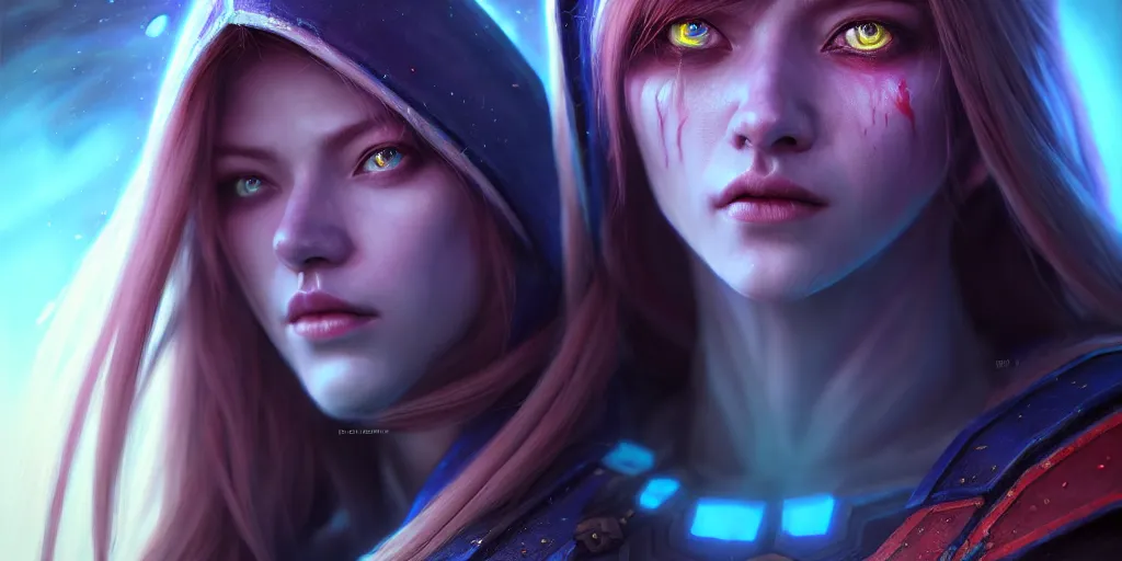 Image similar to ( ( ( ( ( hyperrealist distant portrait of sylvanas windrunner on a blue planet where it rains colors. ) ) ) ) ) by bayard wu, fantasy, photorealistic, octane render, unreal engine, dynamic lighting, trending on artstation, poster, volumetric lighting, very detailed faces, 4 k, award winning