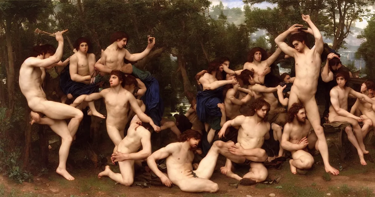 Prompt: large group of pre-Raphaelite muscular athletic male gamers wearing headsets and playing video-games on laptops playstation5 x-box and PC by Bouguereau and raphael