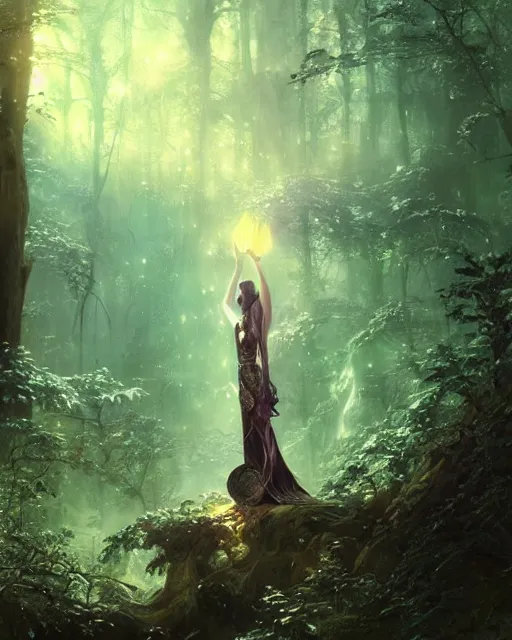 Image similar to female elf with black hair dress meditating in a nebula forest by greg rutkowski, high key lighting, volumetric light, digital art, highly detailed, fine detail, intricate, ornate, complex, octane render, unreal engine, photorealistic digital painting, artstation, concept art, sharp focus, art by greg rutkowski and alphonse mucha