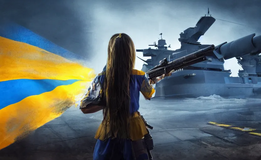 Prompt: view from behind of a girl in national clothes with blue and yellow stripes in her beautiful hair and a huge modern rifle in her hands standing against and facing a Russian warship, and she is ready to fight, left side is blue and yellow flag, concept art, сinematic lighting, insanely detailed, smooth, sharp focus, Artstation, 8k, unreal engine, hyper realistic, steampunk style, bright background, moonlight, volumetric lighting, digital illustration by Ruan Jia and Mandy Jurgens and Artgerm and Wayne Barlowe and Greg Rutkowski and Zdislav Beksinski