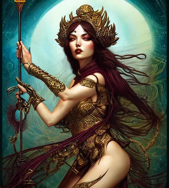 Image similar to goddess of the hunt, tarot card, ornate, digital art by artgerm and karol bak