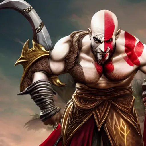 Prompt: Kratos as a character in the game League of Legends, with a background based on the game League of Legends, detailed face