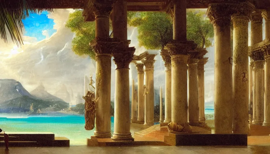 Image similar to From Inside the giant Palace, mediterranean balustrade and columns, refracted line and sparkles, thunderstorm, greek pool, beach and Tropical vegetation on the background major arcana sky and occult symbols, by paul delaroche, hyperrealistic 4k uhd, award-winning, very detailed paradise