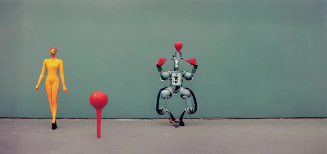 Image similar to retro futuristic robots, style of guy bourdin photography, kodachrome