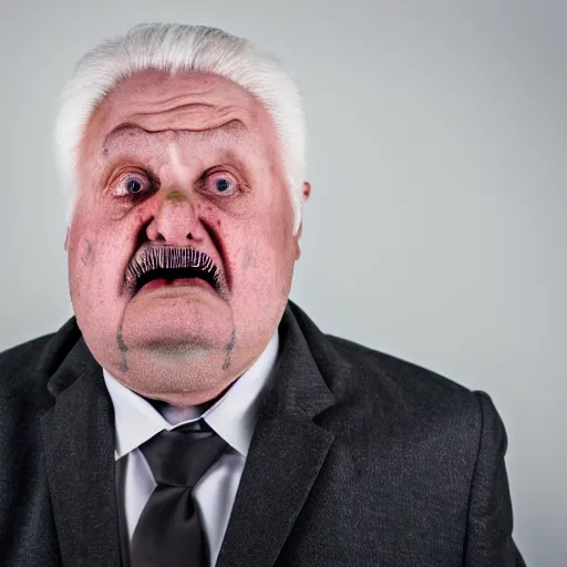 Prompt: photograph of old man wearing suit, sinister, dark circles under eyes, overweight, sagging skin, caucasian, hair becoming gray, sigma 85mm f/1.4, 4k, depth of field, high resolution, 4k, 8k, hd, full color