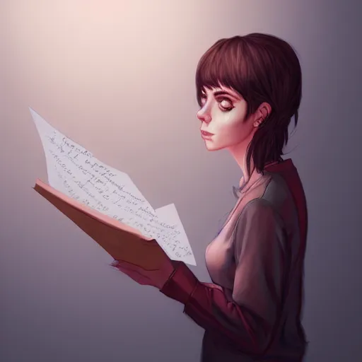 Prompt: realistic portrait of a terrified female author looking at some written notes while three male and one female characters look intensely, aesthetic!, trending on artstation, detailed digital art,