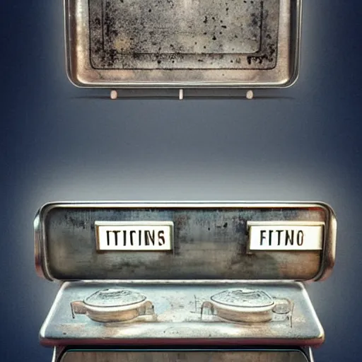 Image similar to an old, filthy, broken, 1960s-era, retro device, made of brushed steel, for displaying recipes, digital pong screen, set on an old, rusty, retro, kitchen counter, in a retro diner, dramatic constrasting light, blue lumionous mysterious lighting, redshift render, but as high contrast photography, featured on behance, golden ratio, f32, well composed, cohesive, from the show X-Files