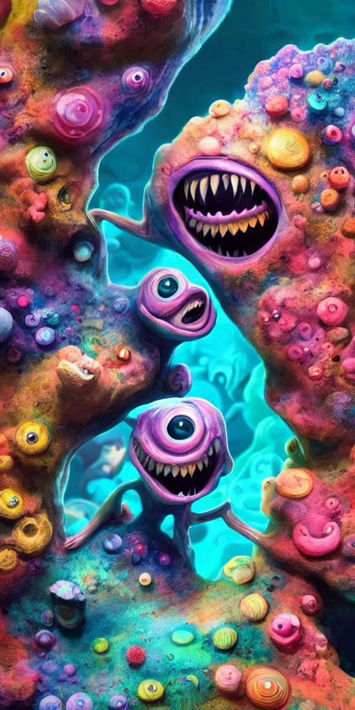 Image similar to of a colorful deep sea cave with strange cute friendly happy creatures with huge eyes, mouth, long tongue and round teeth appearing from sandy coral, in the style of gehry and gaudi, macro lens, shallow depth of field, ultra detailed, digital painting, trending artstation, concept art, illustration, cinematic lighting, photorealism, epic, octane render