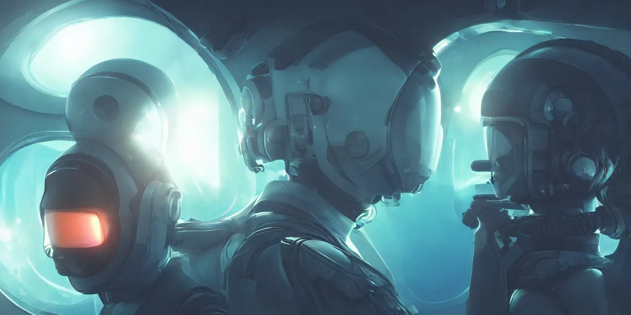 Image similar to Zoe Kravitz with short hair as a futuristic astronaut, outside large window of ship, helmet with HUD led lights, underwater in the ocean at night, dark water, volumetric lighting, glowing lights, 4k, octane, digital painting, artstation, concept art, sharp focus, illustration, cinematic film still, art by artgerm and greg rutkowski and alphonse mucha , wide angle view,