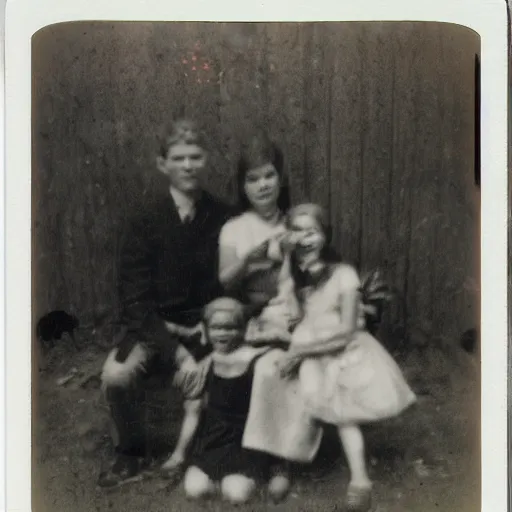 Prompt: old polaroid of a family, there is a gloomy atmosphere in the ambient