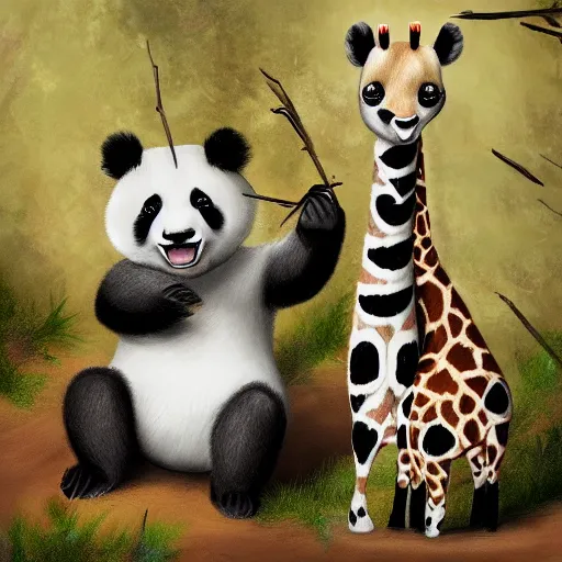 Prompt: a panda and giraffe mixture photorealistic