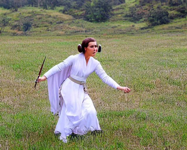 Prompt: a photo of princess leia playing in the fields of naboo, by cameldeath