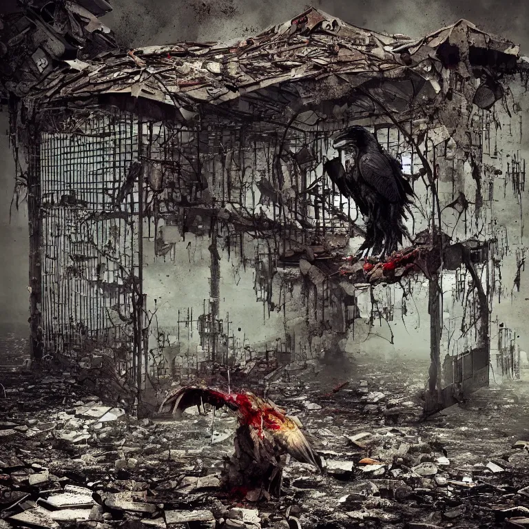 Prompt: black raven locked inside cage, extreme details, hopeless, postapocalyptic picture, very emotional, ruins around the cage, nuclear explosion, erik johansson style, conceptual art, the last day on the earth, insane detail, blood, saturated, hyper realistic 8 k textured