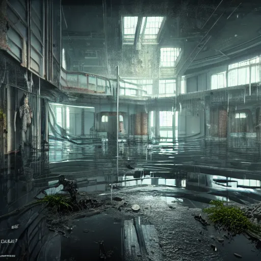 Prompt: flooded, desecrated, abandoned, cyberpunk science lab, ultra realistic, concept art, intricate details, eerie, highly detailed, photorealistic, octane render, 8 k, unreal engine, art by thomas dubois