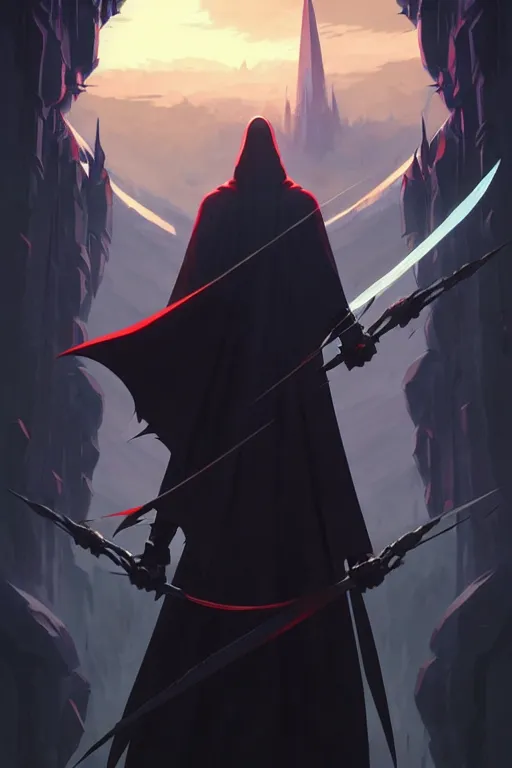 Image similar to video game cover, reaper dressed with a cape surrounded by demons, mid view, design on a black background, by studio muti, greg rutkowski makoto shinkai takashi takeuchi studio ghibli