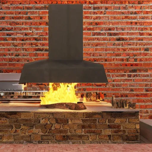 Prompt: wood fired bbq, brick construction, cosy, warm, yellow brick, artistic rendering 8k