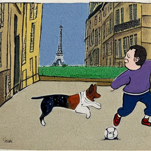 Image similar to illustration of french boy on the streets of paris playing football against a corgi, the dog is wearing a polka dot scarf, comic, 1 9 7 2