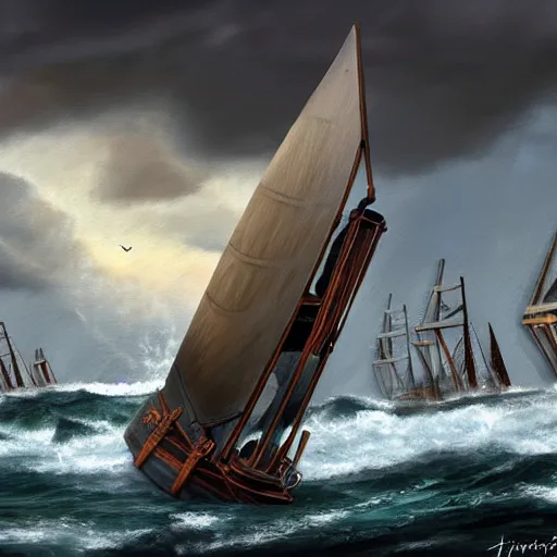 Image similar to a fleet of ancient trojan sailboats, amidst crashing waves and huge looming rocks, whirlpool, trireme, skiff, wooden sailboats, grim, lightning flashes, sky swirling with black wind, dark sky, dramatic, realistic, detailed, ancient, artstation, artgerm, digital painting
