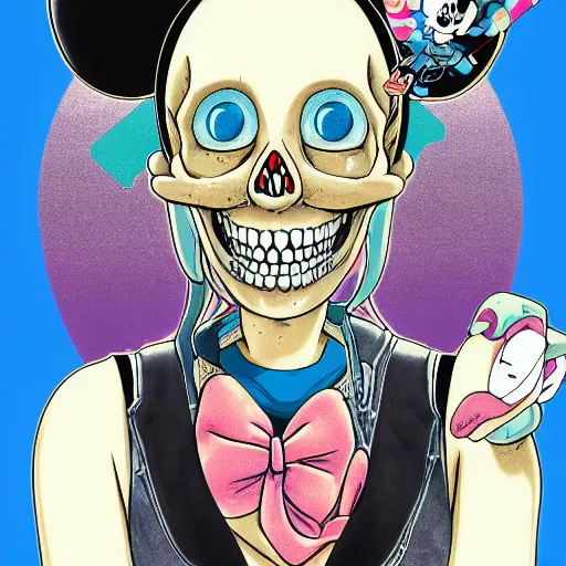 Image similar to anime manga skull portrait girl face mickey mouse marge simpson detailed highres 4k by trevor brown and James Jean and will cotton pop art nouveau