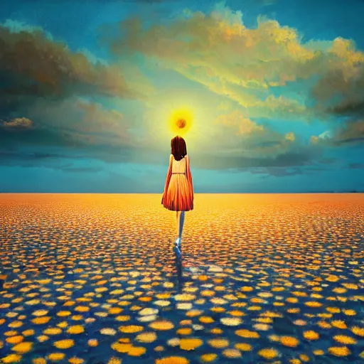 Image similar to giant daisy flower head, girl walking on salt flats mountains, surreal photography, sunrise, dramatic light, impressionist painting, colorful clouds, digital painting, artstation, simon stalenhag