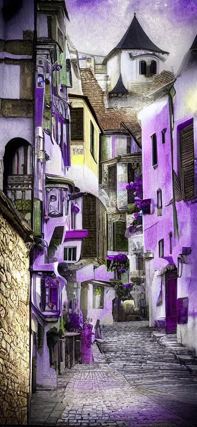 Image similar to “ white and purple medieval city, award winning, digital art ”