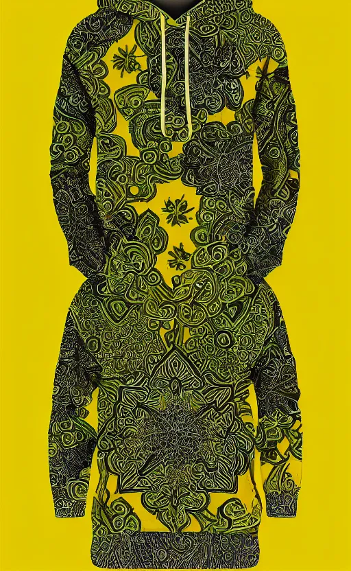 Image similar to hoodie, batik pattern, yellow, green, trendsetter, fashion of the year fiction, stability, intricate, elegant, 8 k, uhd, justify, artstation, concept art, matte, sharp focus, illustration, consistent, highly detailed object content, proportional object content