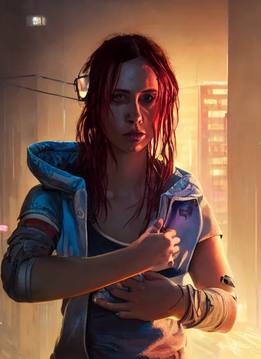 Prompt: portrait of Lauren Layfield as a homeless character in Cyberpunk 2077, looking at camera, intricate, dystopian, sci-fi, extremely detailed, digital painting, artstation, concept art, smooth, sharp focus, illustration, intimidating lighting, incredible art by artgerm and greg rutkowski and alphonse mucha and simon stalenhag