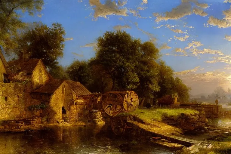 Prompt: a paint of a watermill golden hour by andreas achenbach