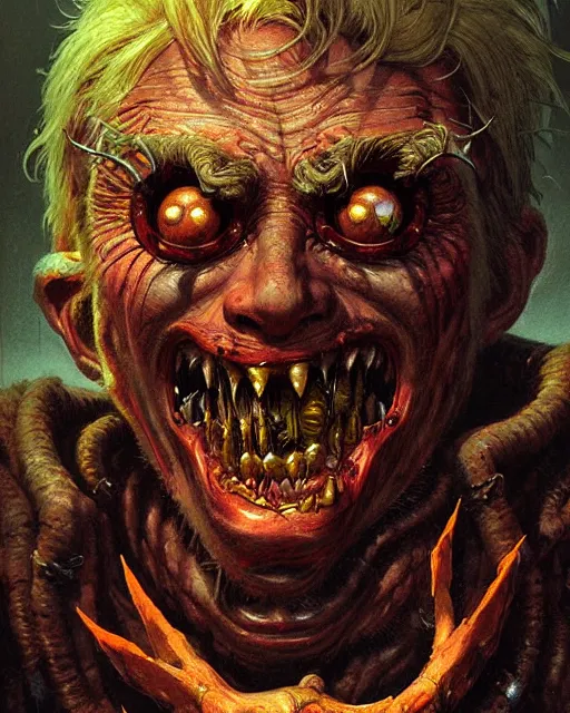 Image similar to junkrat from overwatch, character portrait, portrait, close up, concept art, intricate details, highly detailed, horror poster, horror, vintage horror art, realistic, terrifying, in the style of michael whelan, beksinski, and gustave dore