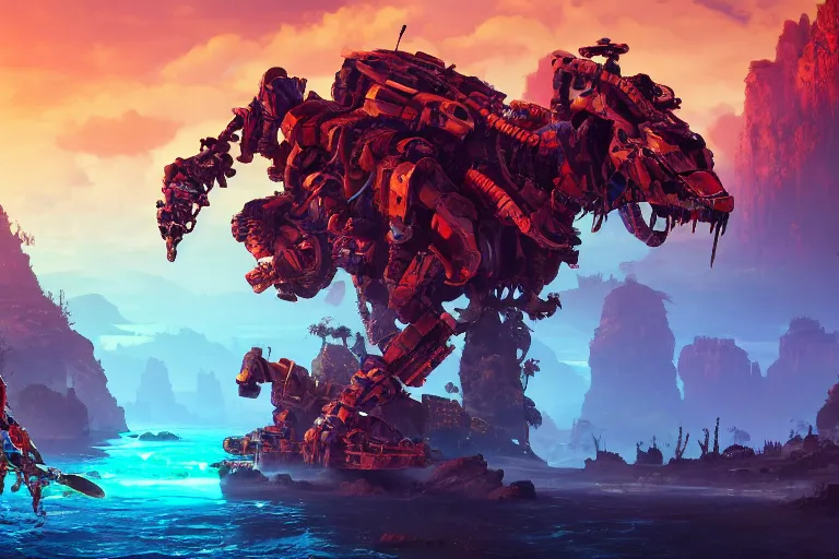 Image similar to tideripper machine mecanical creature robot of horizon forbidden west horizon zero dawn bioluminiscence global illumination ray tracing hdr fanart arstation by ian pesty and alena aenami artworks in 4 k