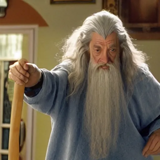 Image similar to a still of Gandalf Bowling as the dude from the movie the big Lebowski