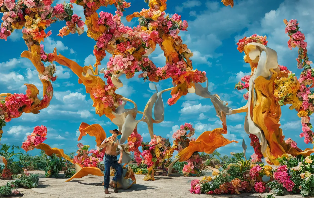 Image similar to a cowboy turning into blooms by slim aarons, by zhang kechun, by lynda benglis. tropical sea slugs, angular sharp tractor tires. complementary bold colors. warm soft volumetric dramatic light. national geographic. 8 k, rendered in octane. angular sculpture by antonio canova by gian lorenzo bernini.